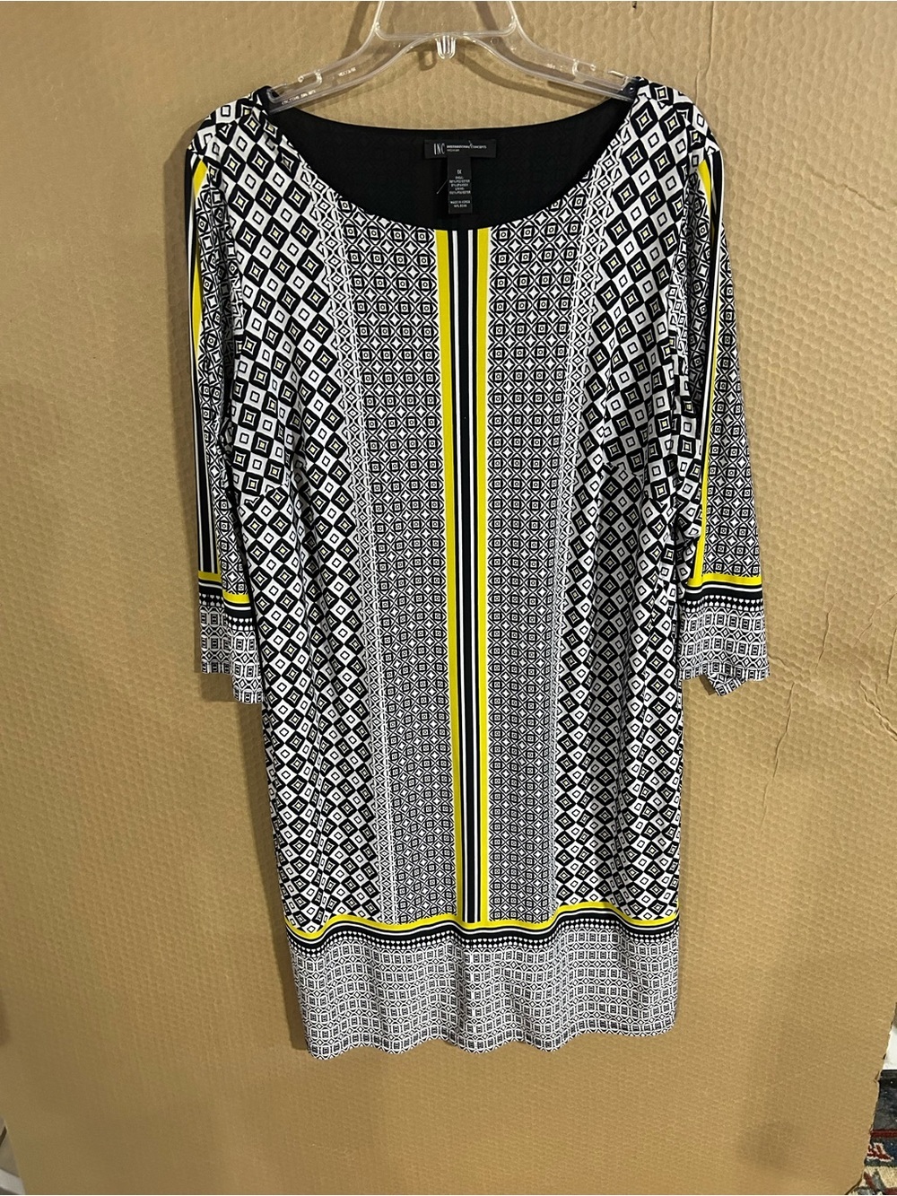 INC International Concepts Black, White & Yellow Geometric Stripe Midi Dress